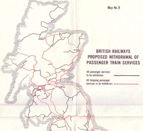 Scottish railway lines proposed for closure in 1963 shown black. 