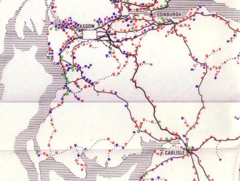 Freight traffic in south of Scotland 1963. Red stations generated less than £5000 of traffic per year.